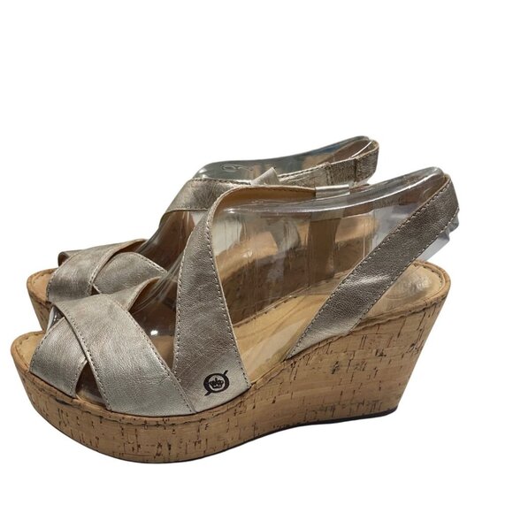 Born Venetia Metallic Wedge Sandals With Cork Heel & Open Toe Womens Size 9 - Picture 1 of 7